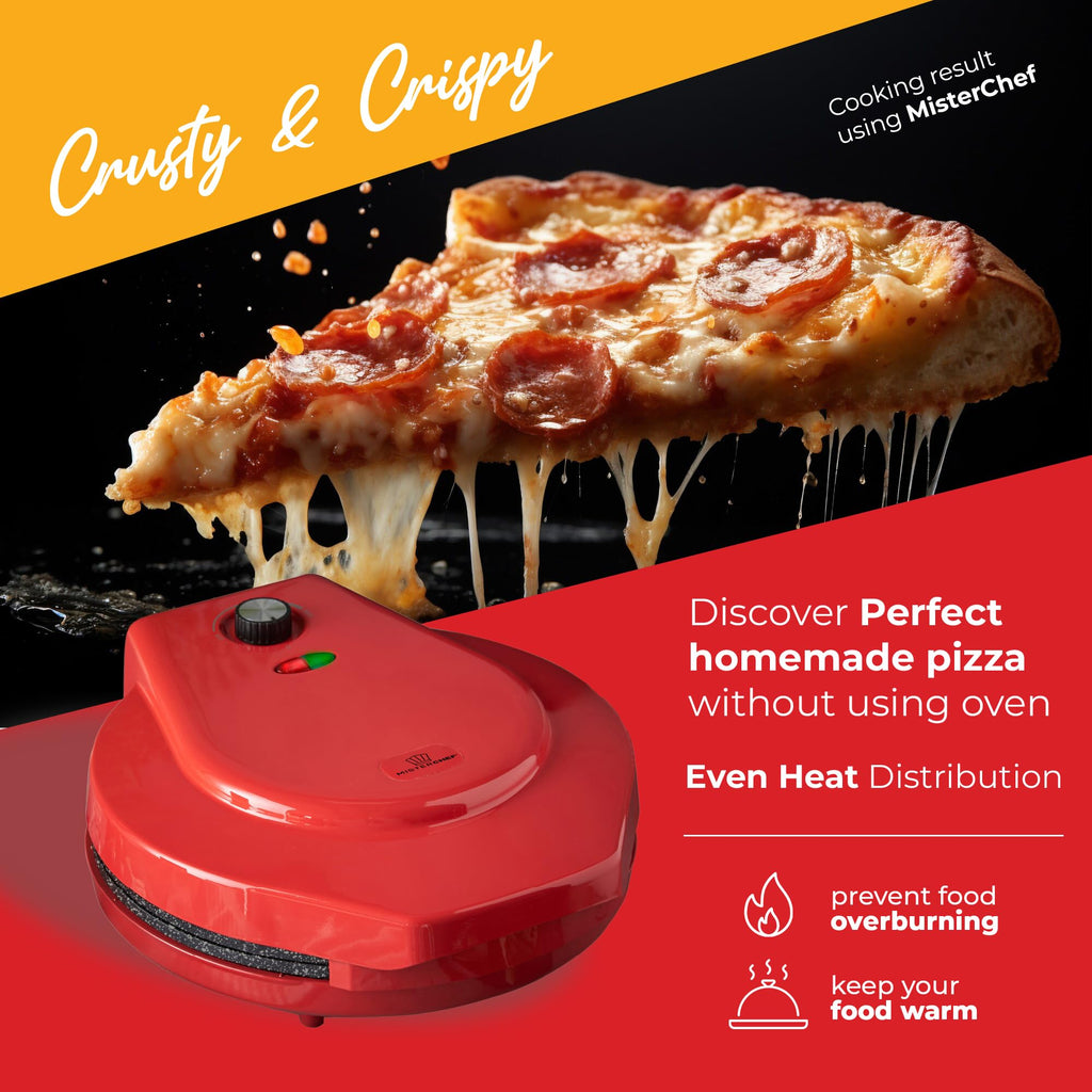 MisterChef 12 Inch Pizza Maker – 1450W Nonstick Ceramic Plates, Red