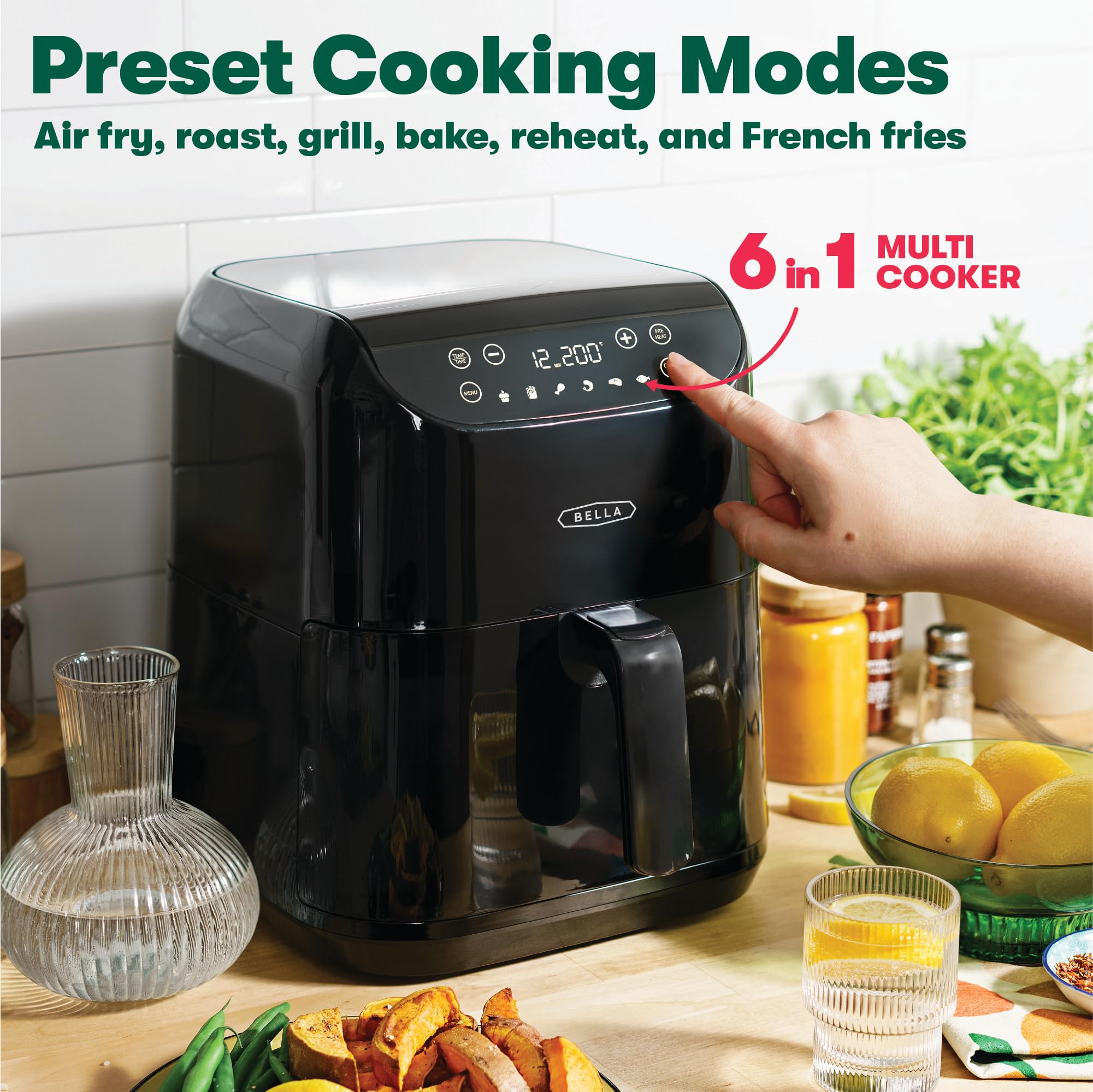 BELLA 6L Digital Touchscreen Air Fryer – 1500W 6-in-1 Multi-Cooker, Black