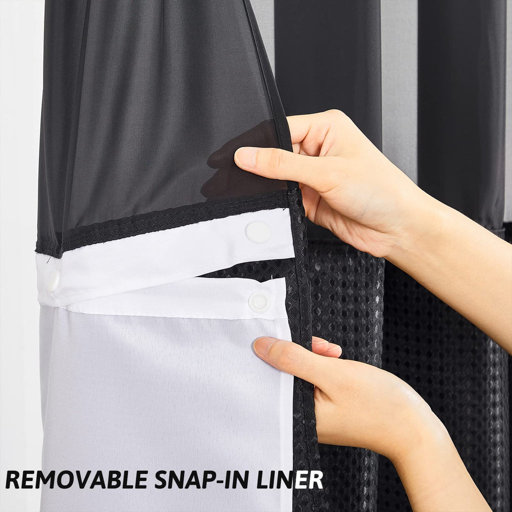 Furlinic Shower Curtain Hookless Black Jacquard Waffle Fabric 75inch Long Weighted Anti Mould with White Polyester Snap in Liner and Mesh Curtains - image 5