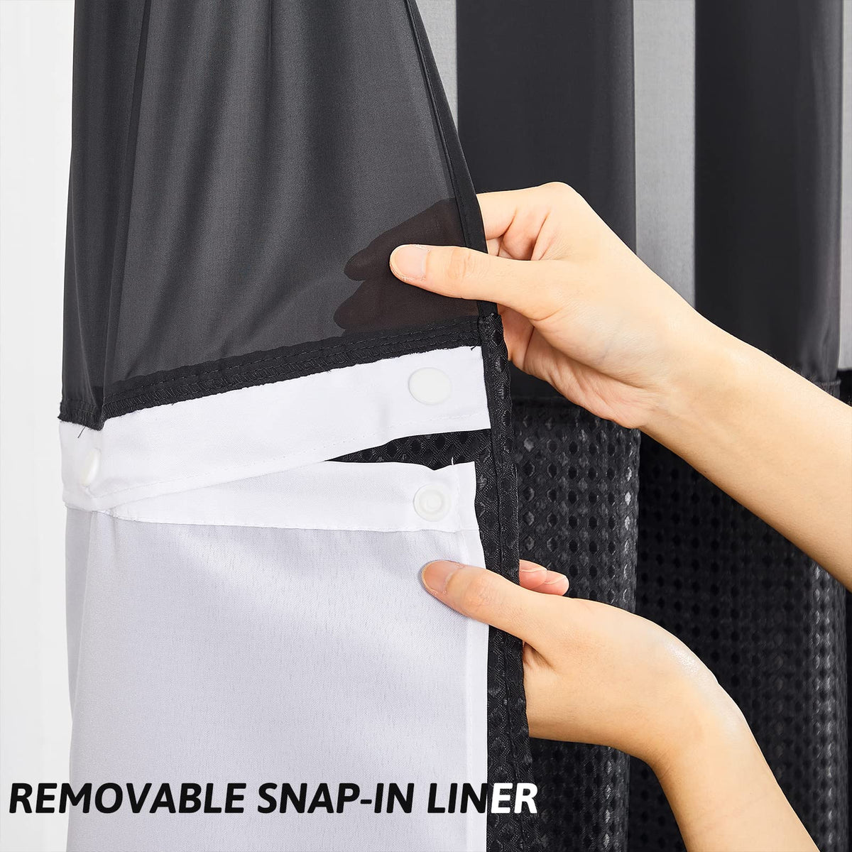Furlinic Shower Curtain Hookless Black Jacquard Waffle Fabric 75inch Long Weighted Anti Mould with White Polyester Snap in Liner and Mesh Curtains - image 5