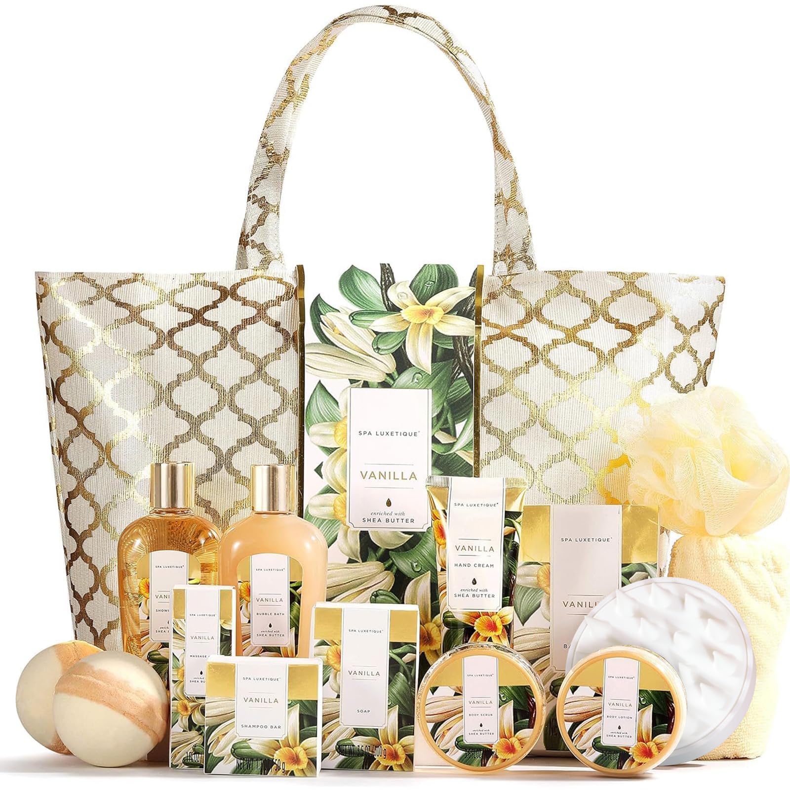 Spa Luxetique 15-Piece Vanilla Bath Gift Set with Tote Bag for Women