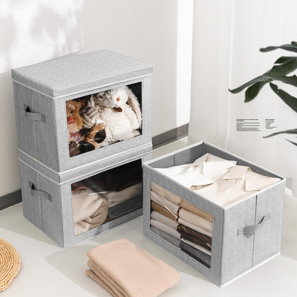 Homsorout 3 Pack Storage Boxes with Lids Foldable Storage Cubes with Transparent Window Fabric Storage Organiser Box for Toys, Clothes, Books