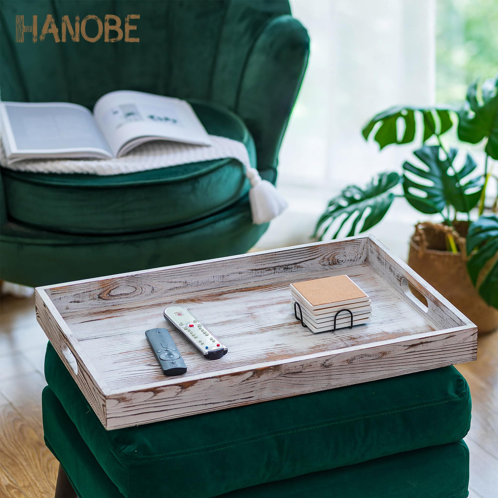 Hanobe Extra Large Wood Ottoman Tray | Rustic White Serving Tray with Handles