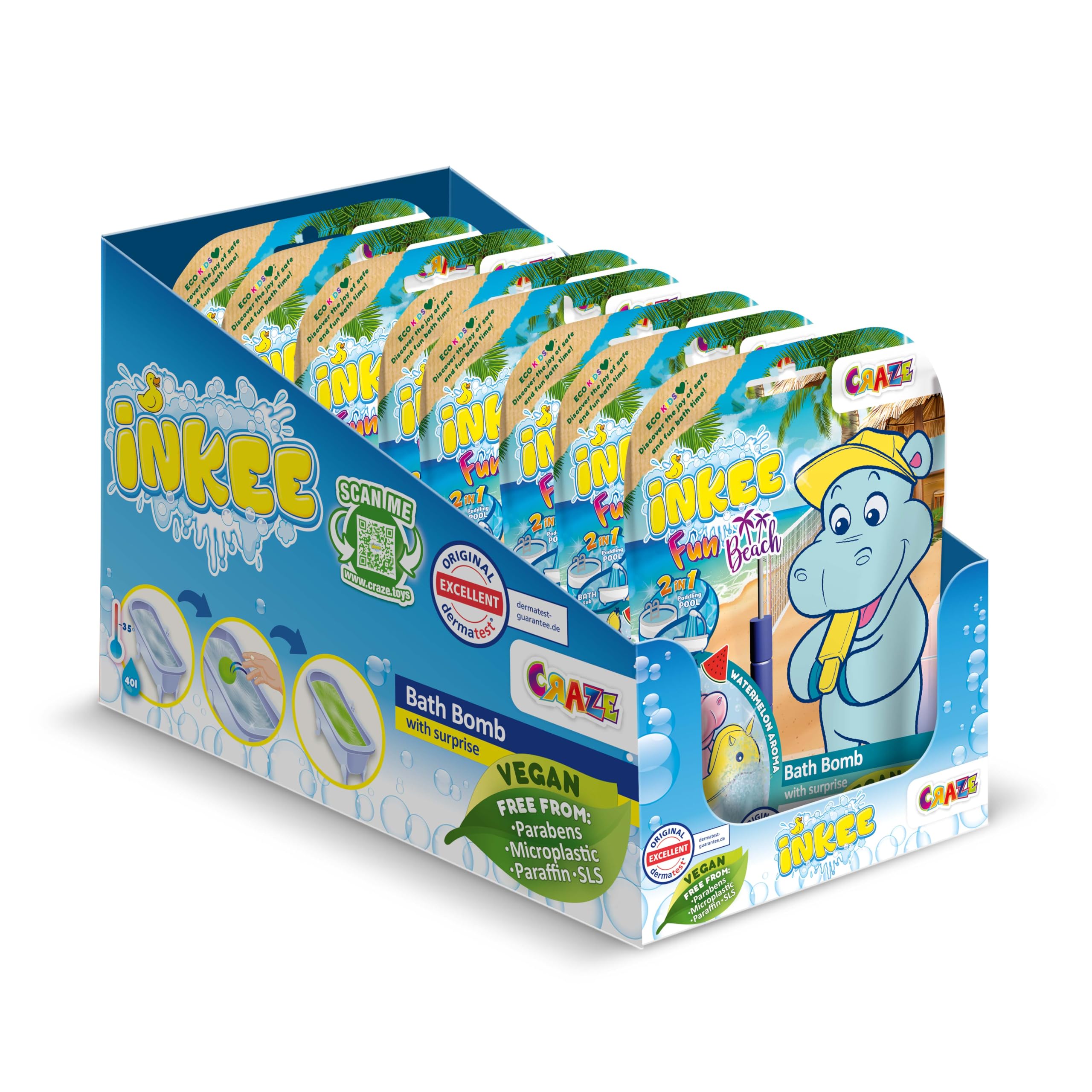 INKEE Fun Beach Kids Bath Bombs 8 Pack with Surprise Hippo Figures