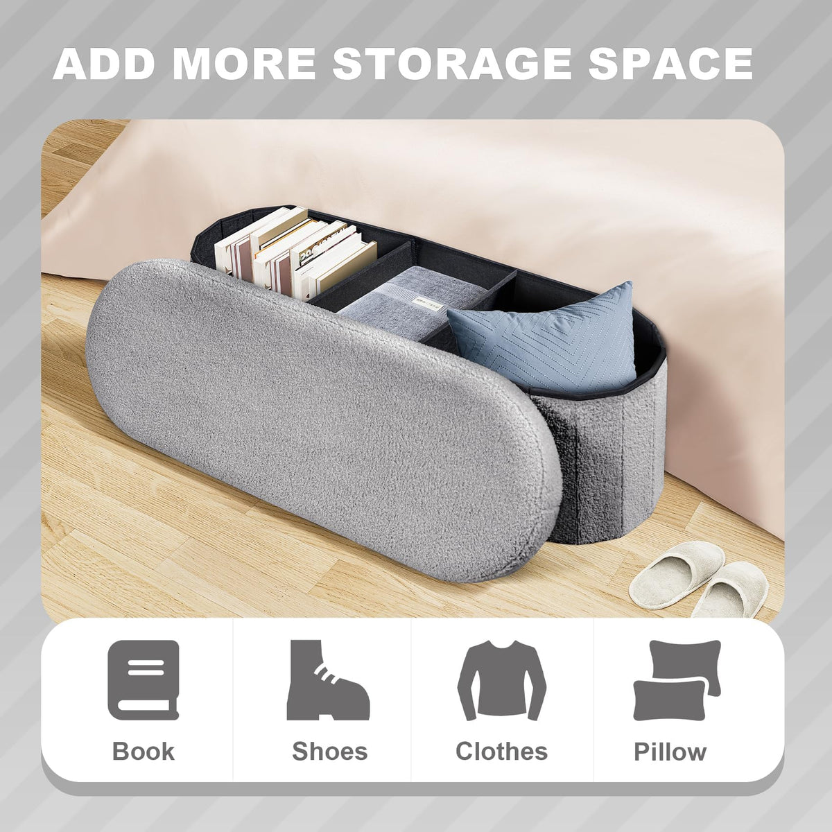 PINPLUS Foldable Oval Ottoman Storage Bench, Grey, 110x38x38 cm - image 4