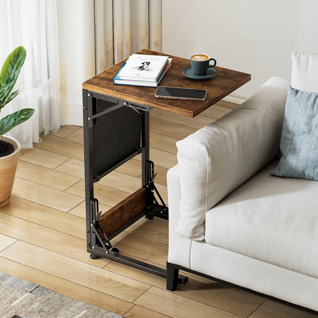Mutool C-Shaped Sofa Table, Foldable Side Table Bedside Table with Storage Bag, Metal Frame Coffee Table for Living Room Bedroom Office Rustic Brown