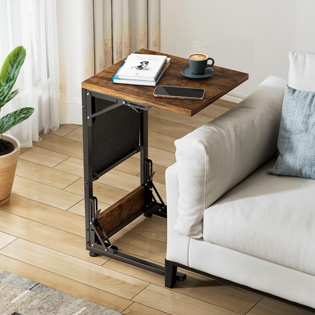Mutool C-Shaped Sofa Table, Foldable Side Table Bedside Table with Storage Bag, Metal Frame Coffee Table for Living Room Bedroom Office Rustic Brown