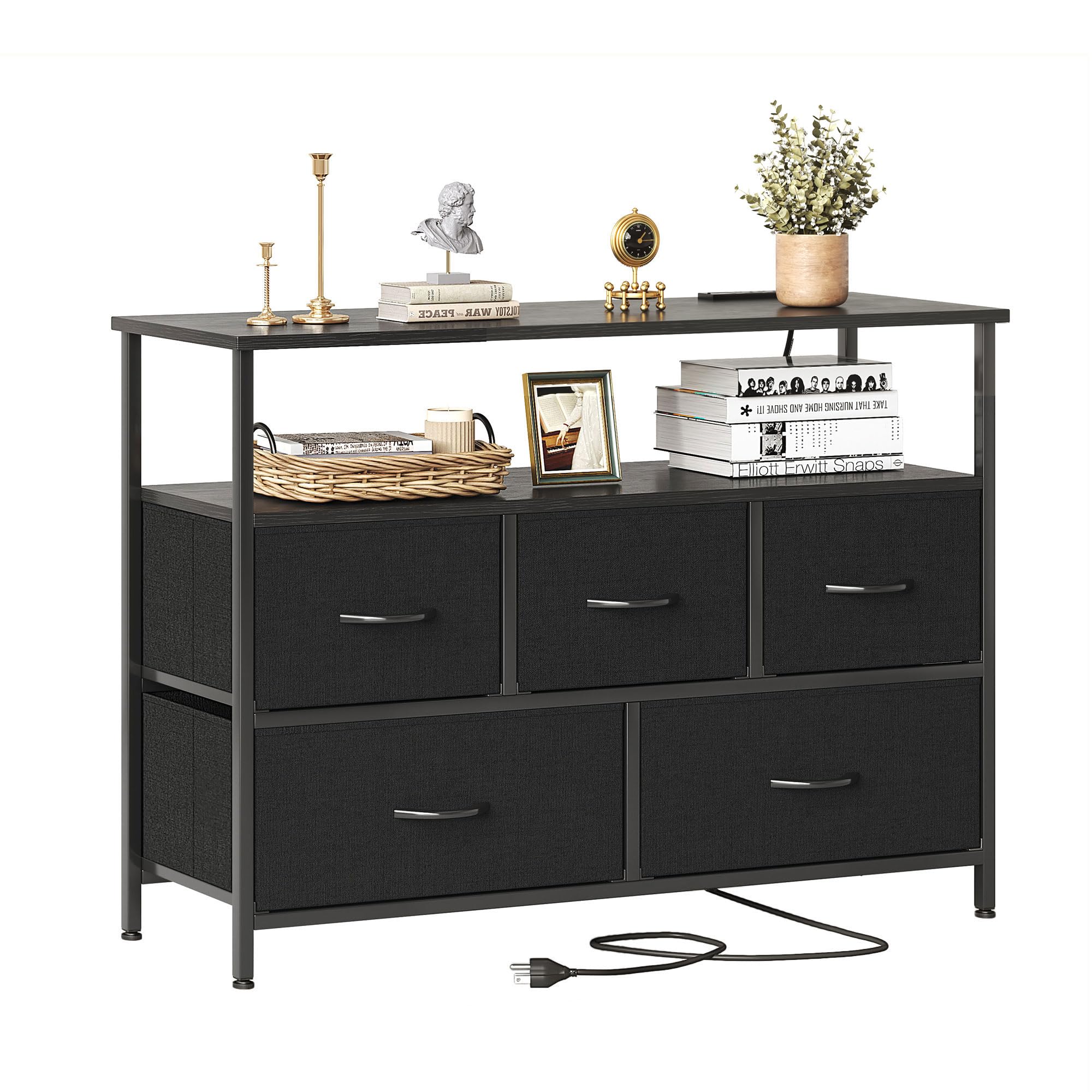 MUTUN 5-Drawer Fabric Dresser with Charging Station and Shelf – Black