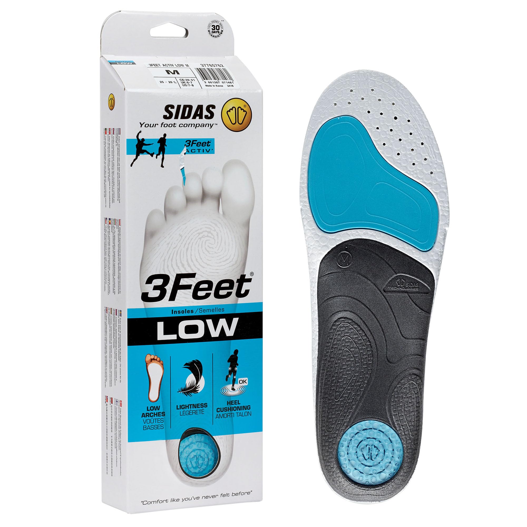 Sidas 3Feet Activ' Low Arch Support Insoles – Blue/Black, Size 4-5