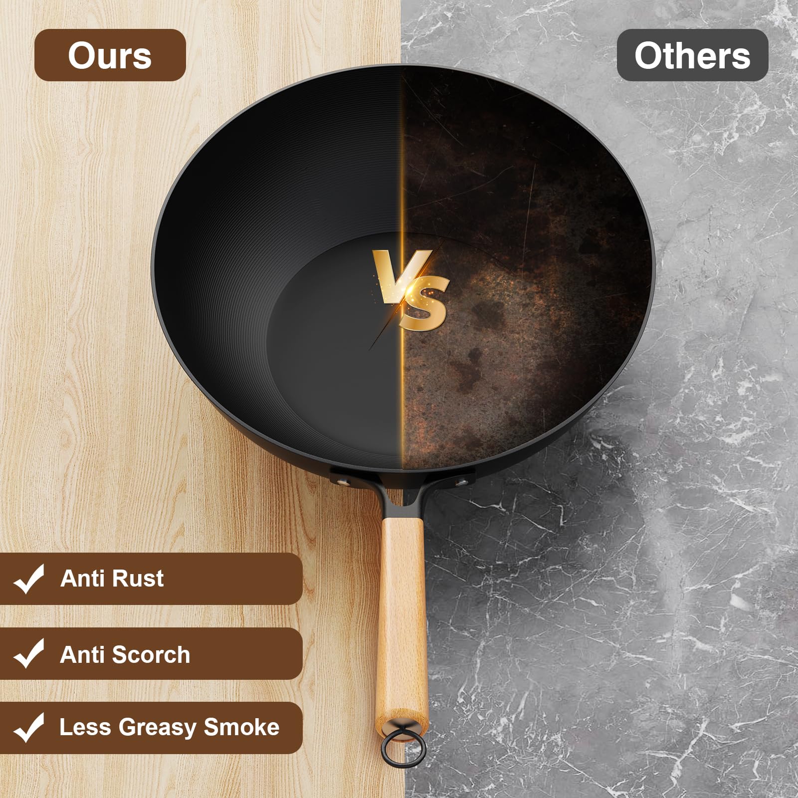 Jobin 30cm Carbon Steel Wok with Lid – Non-Stick Stir Fry Pan for Induction