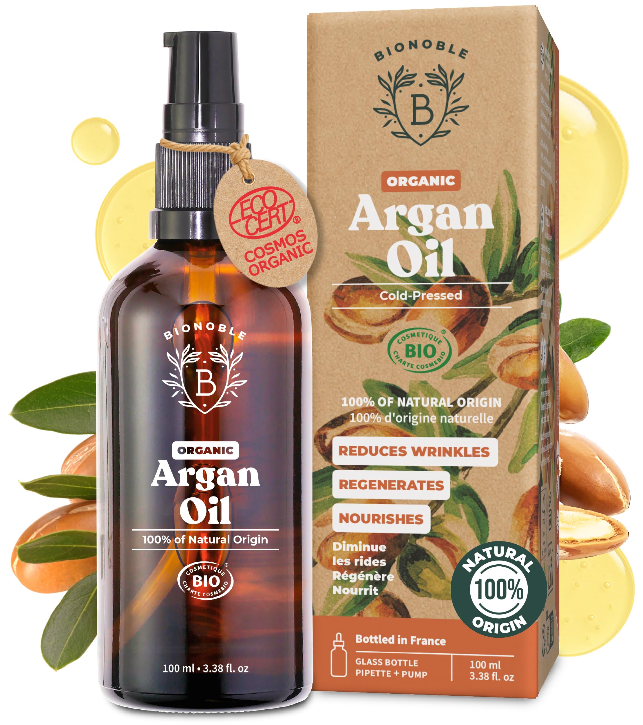 Bionoble Organic Argan Oil | 100% Pure Cold Pressed Moroccan Oil for Hair & Skin