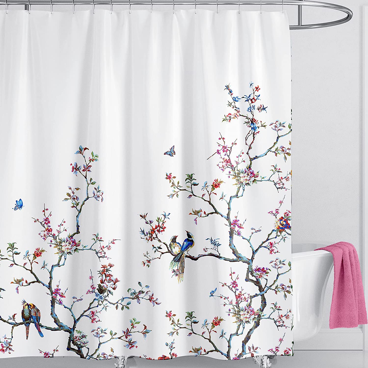 LIVETTY Floral Bird Fabric Shower Curtain – 180x200cm Waterproof White