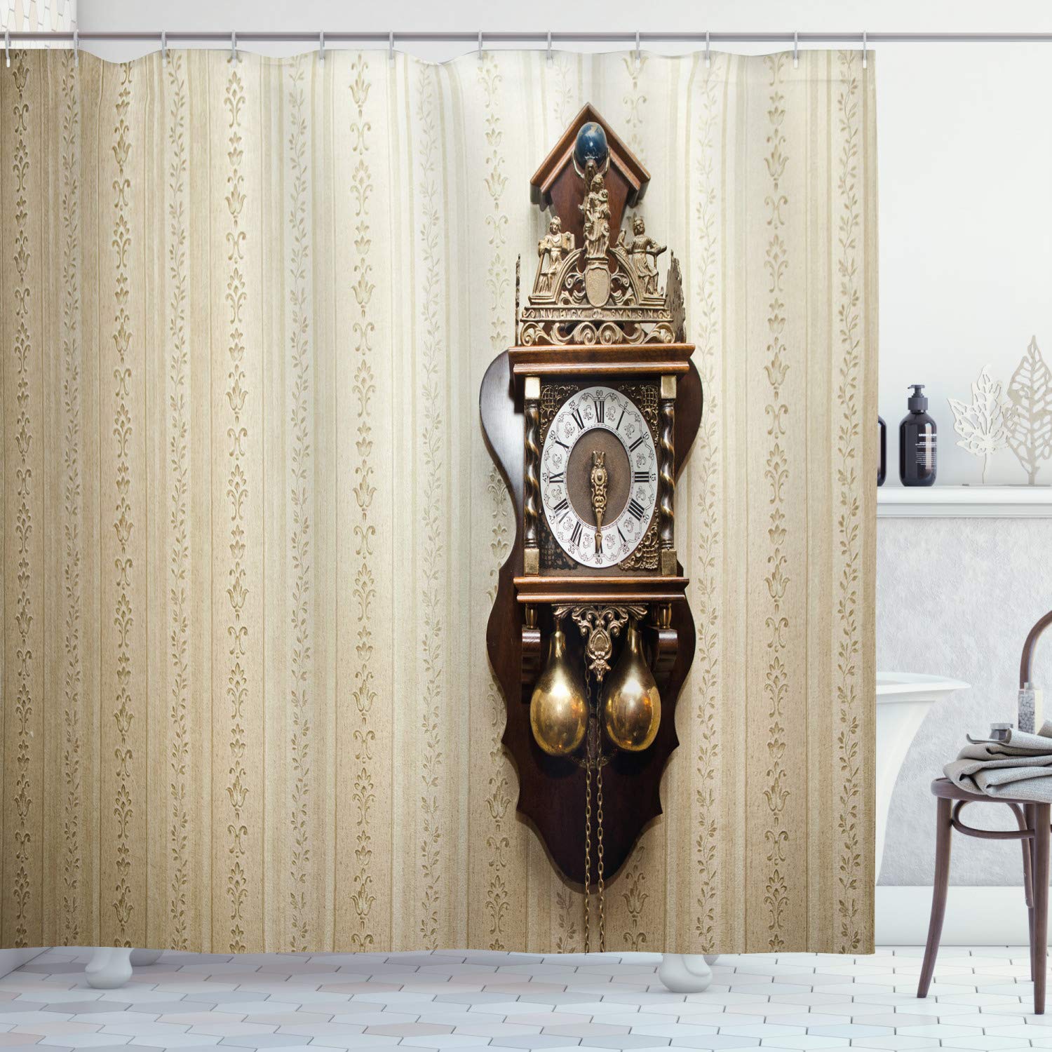 ABAKUHAUS Antique Clock Shower Curtain | Waterproof Fabric Bathroom Decor
