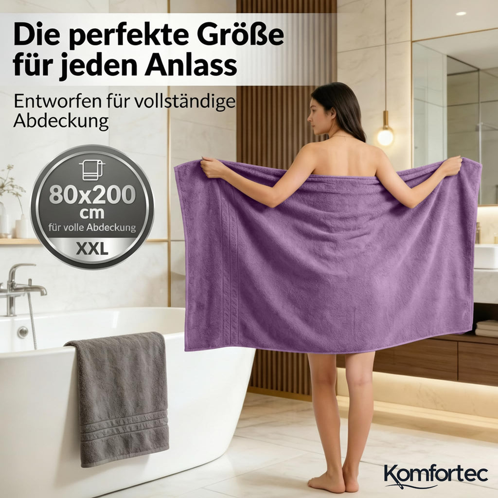 Komfortec Jumbo Bath Towels, 100% Cotton, Quick Dry, 80x200, Grey & Purple - image 2
