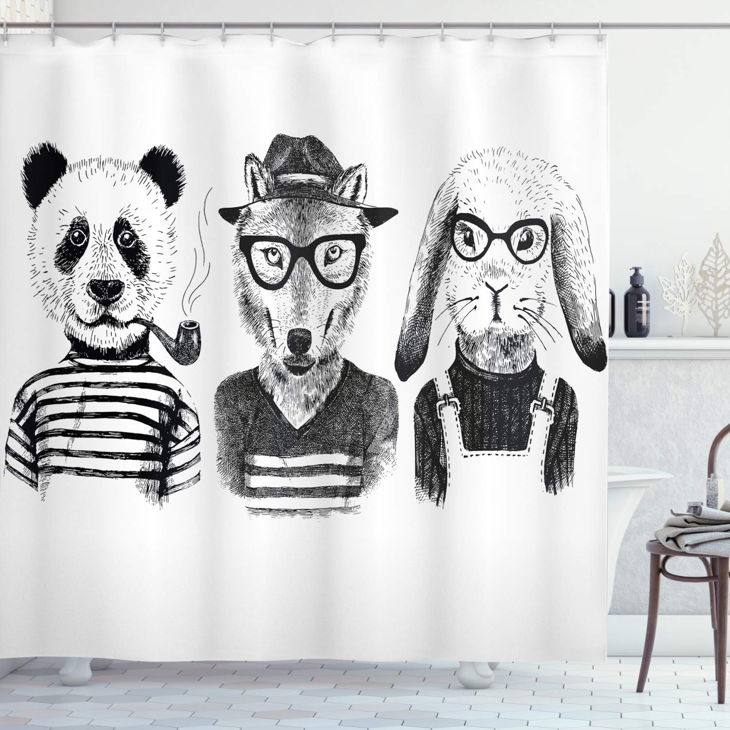 ABAKUHAUS Animal Shower Curtain | Hipster Panda Fabric Bathroom Decor
