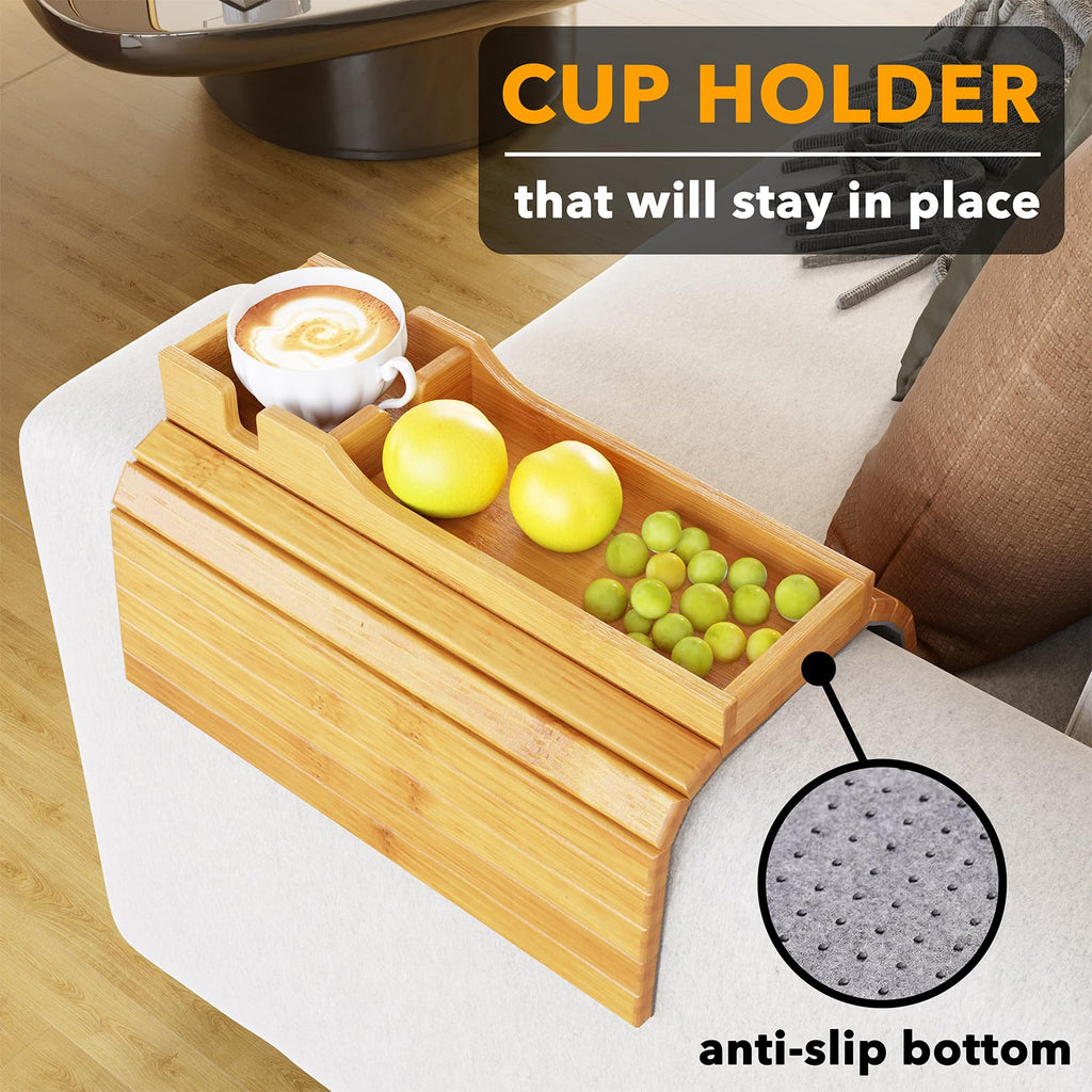 SpaceAid Bamboo Couch Cup Holder, Anti Falling Foldable Sofa Armrest Tray with Cup Holder, Couch Arm Side Table Organizer for Drink Cup Remote Snacks - image 2
