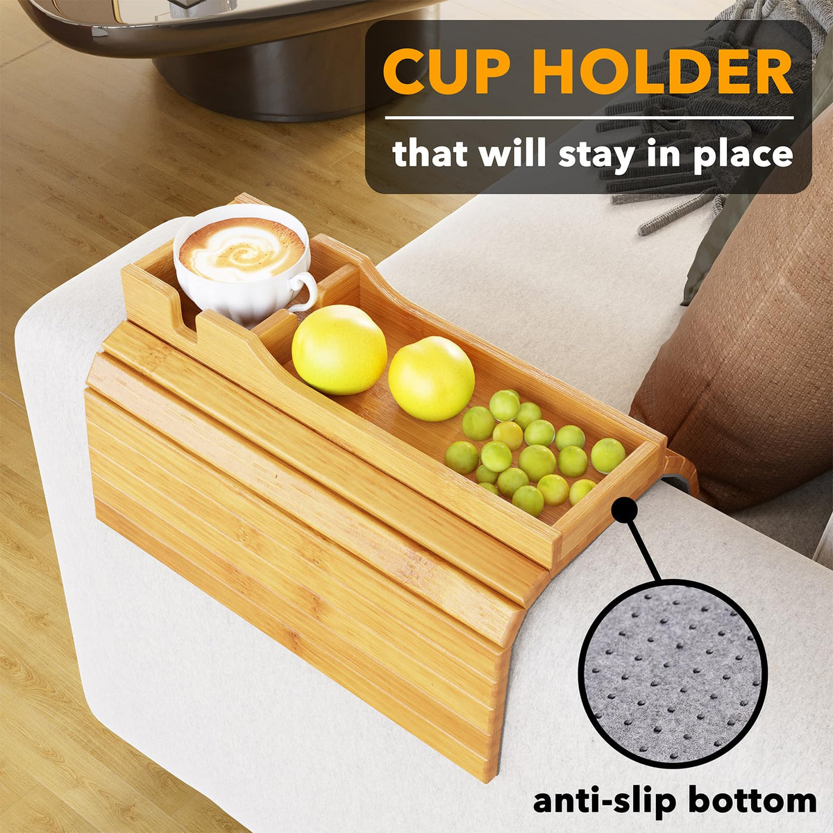 SpaceAid Bamboo Couch Cup Holder, Anti Falling Foldable Sofa Armrest Tray with Cup Holder, Couch Arm Side Table Organizer for Drink Cup Remote Snacks - image 2