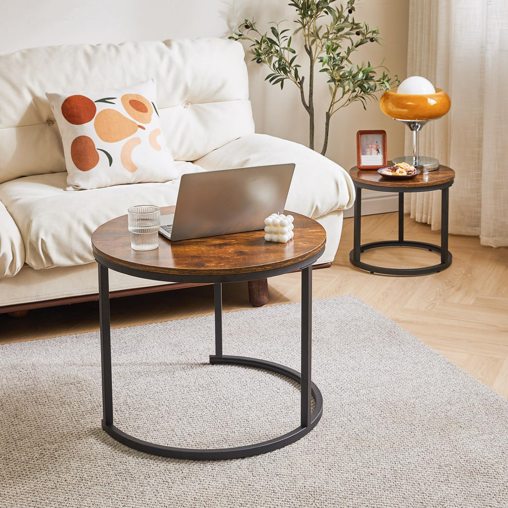IBUYKE Round Nesting Coffee Table Set of 2 – Rustic Brown Wood & Metal