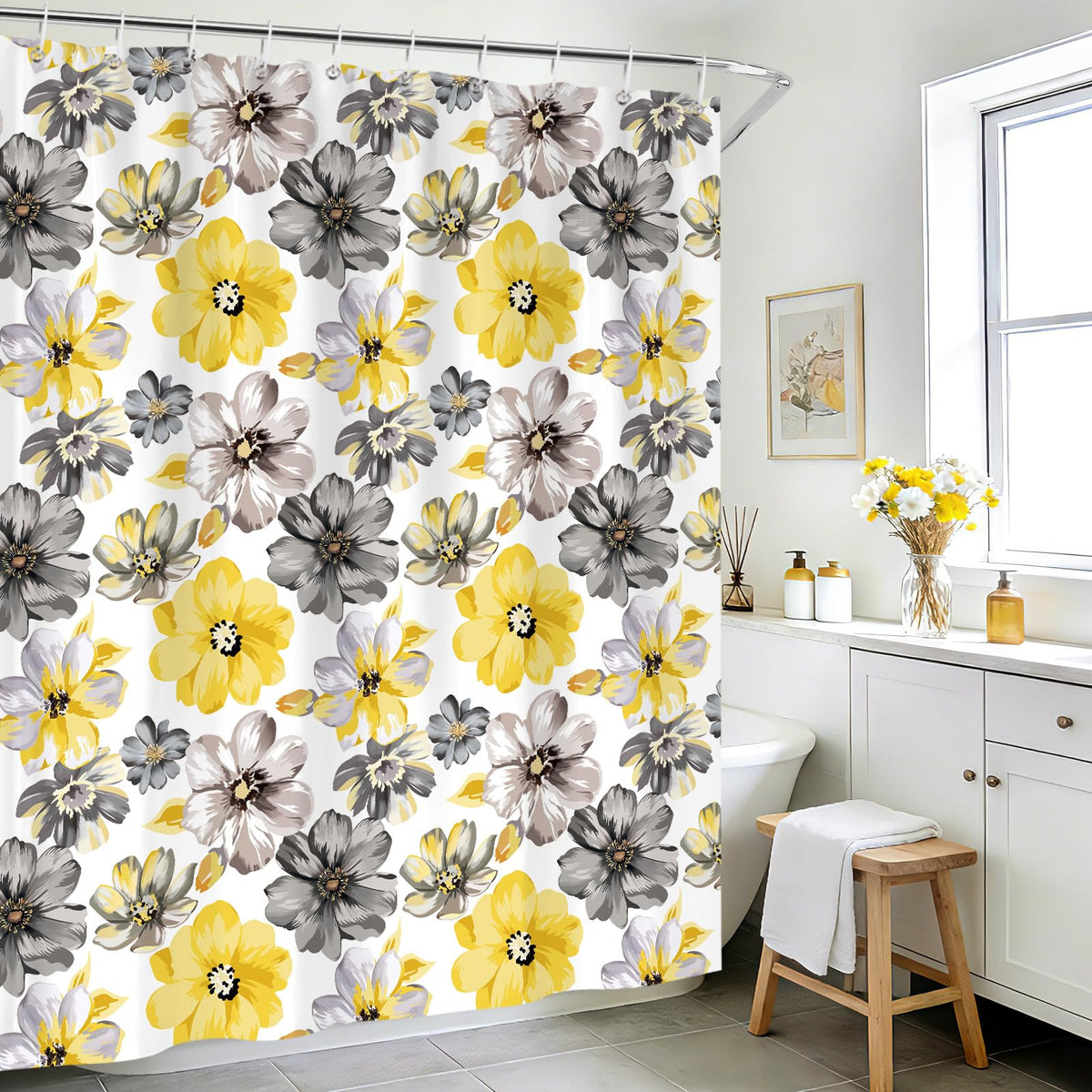 hometrixx Spring Farmhouse Floral Yellow Gray Shower Curtain 180x180cm - image 3