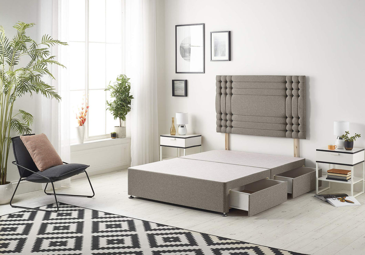 Bed Centre Flexby Divan Bed Base With 2 Drawers And Headboard Available in 3ft, 4ft, 4ft6, 5ft, 6ft, Fabric Coffee Tweed Fabric, 3FT Single