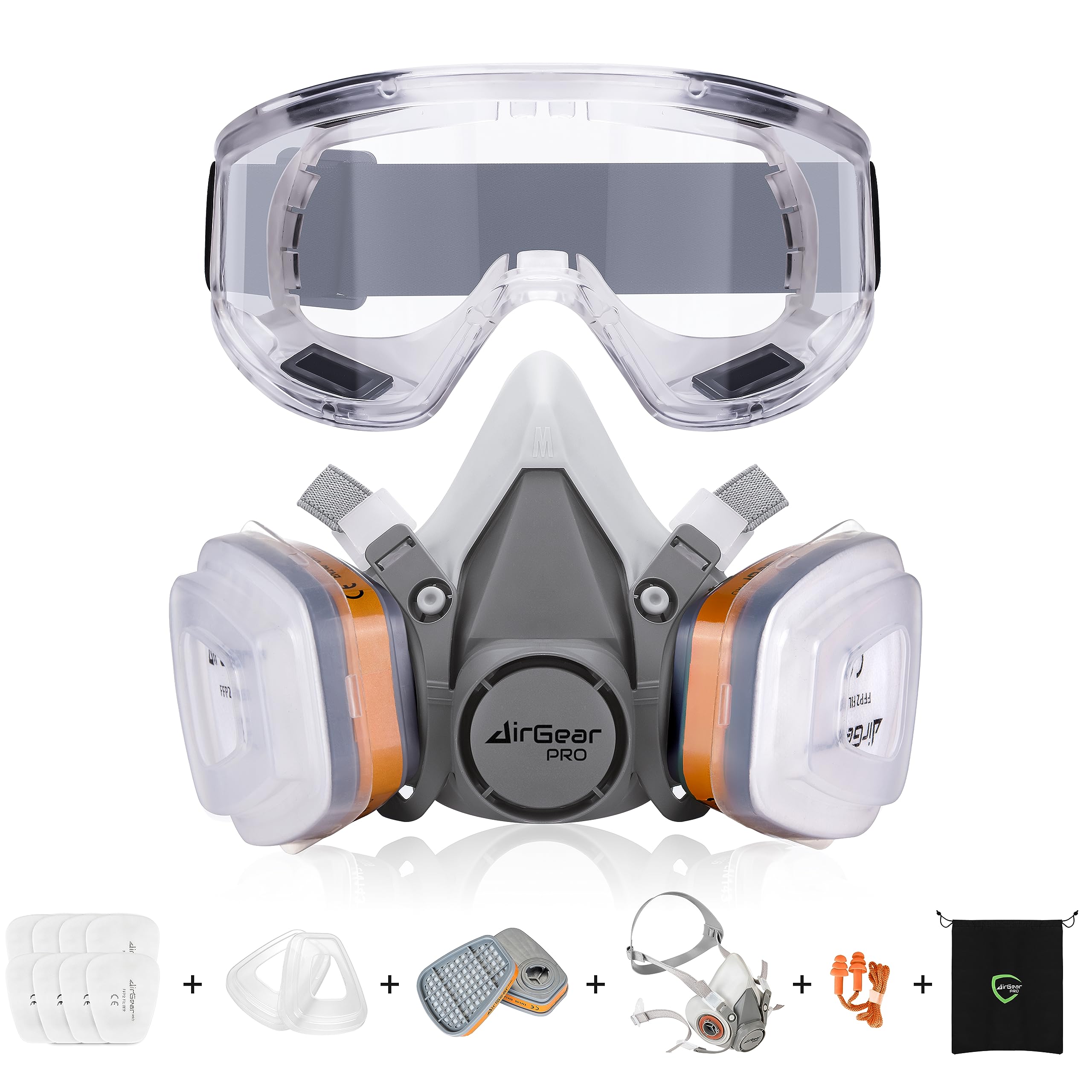 AirGearPro G-500 Reusable Respirator Mask with A1P2 Filters & Goggles