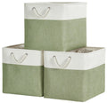 SOCOHOME Fabric Cube Storage Boxes,25x25x25cm Canvas Storage Baskets for Nursery Closet Toys ShelfGreen/White, Set of 3