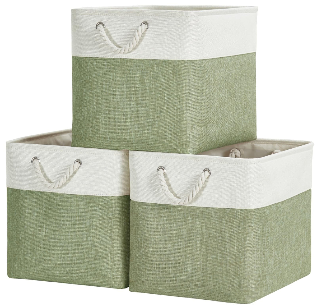 SOCOHOME Fabric Cube Storage Boxes,25x25x25cm Canvas Storage Baskets for Nursery Closet Toys ShelfGreen/White, Set of 3