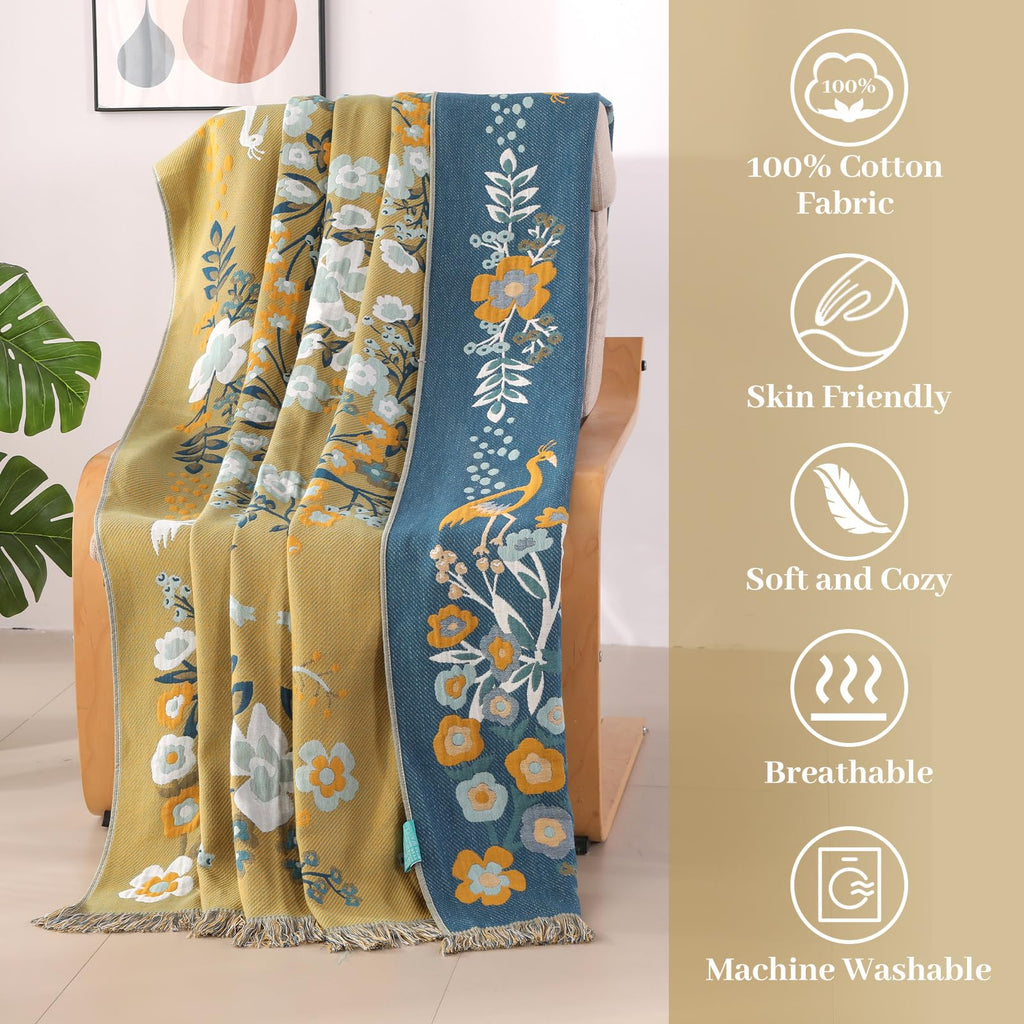 DECMAY Boho 100% Cotton Throw Blanket – Reversible Tasseled Sofa Cover