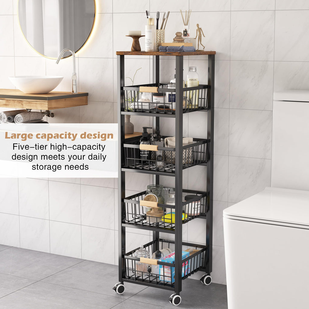 Jolof Store 5-Tier Kitchen Storage Trolley – Rolling Vegetable Rack, Black