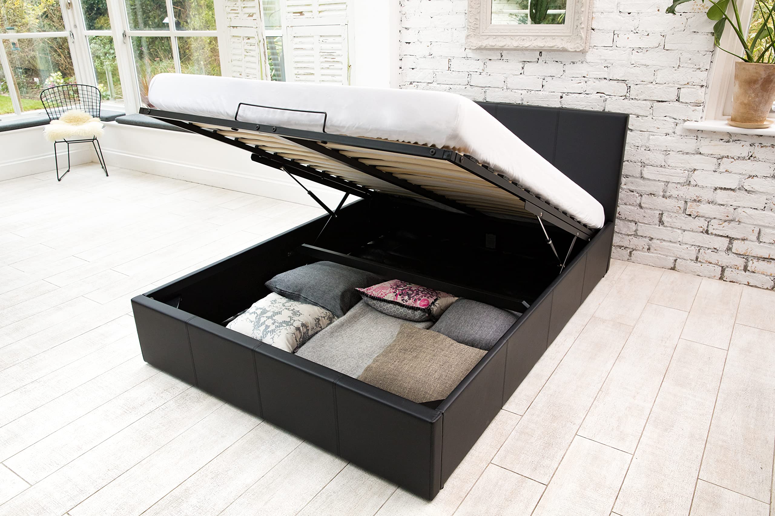 Sana Sleep 3FT Single Ottoman Gas Lift Storage Faux Leather Bed – Black