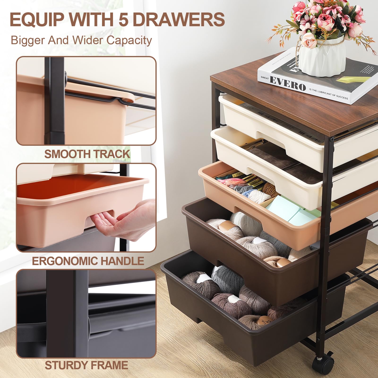 SYKIARIOL 5-Drawer Rolling Storage Cart with Wooden Top – Brown