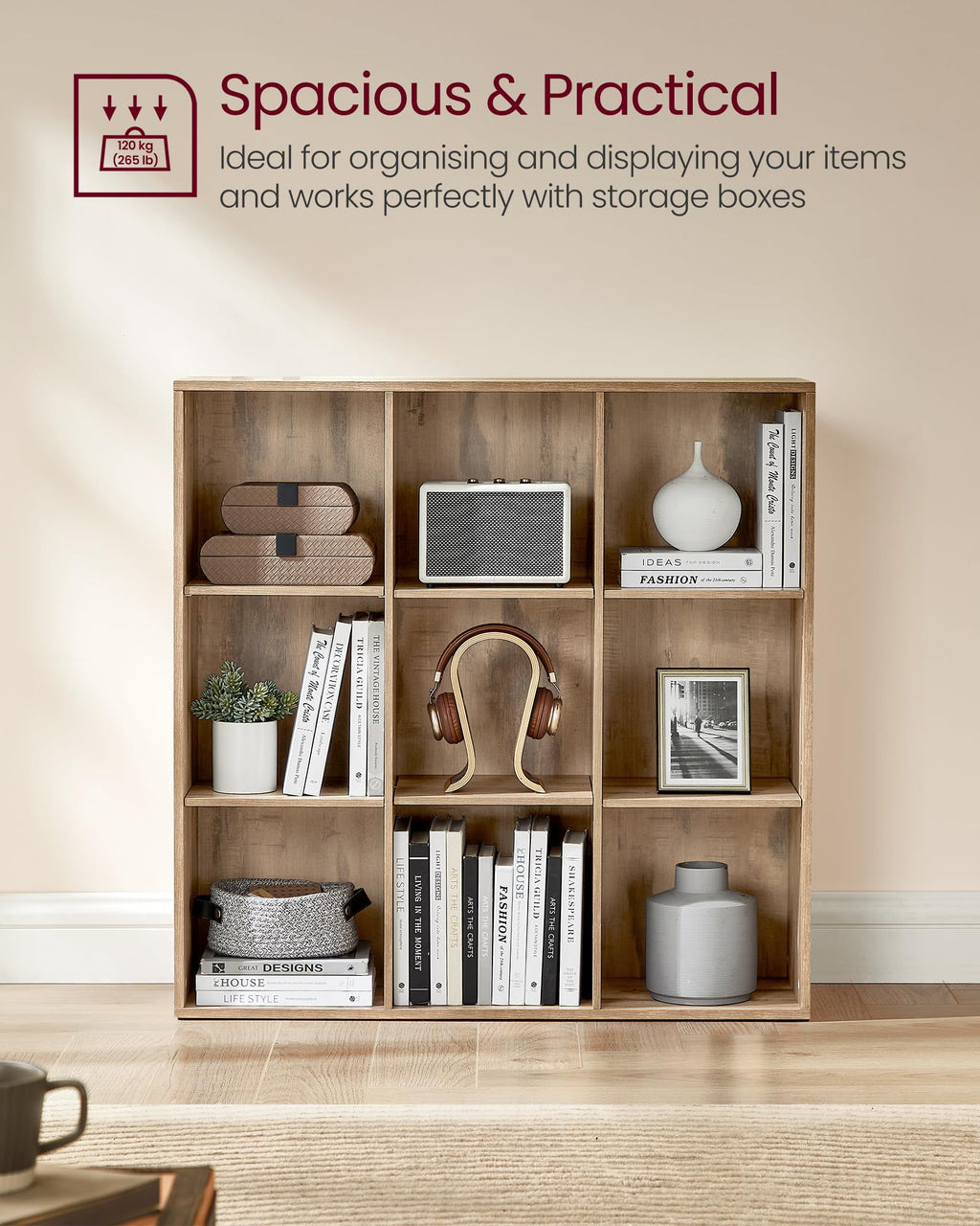 VASAGLE 9-Cube Bookcase – Minimalist Storage Shelf in Camel Brown