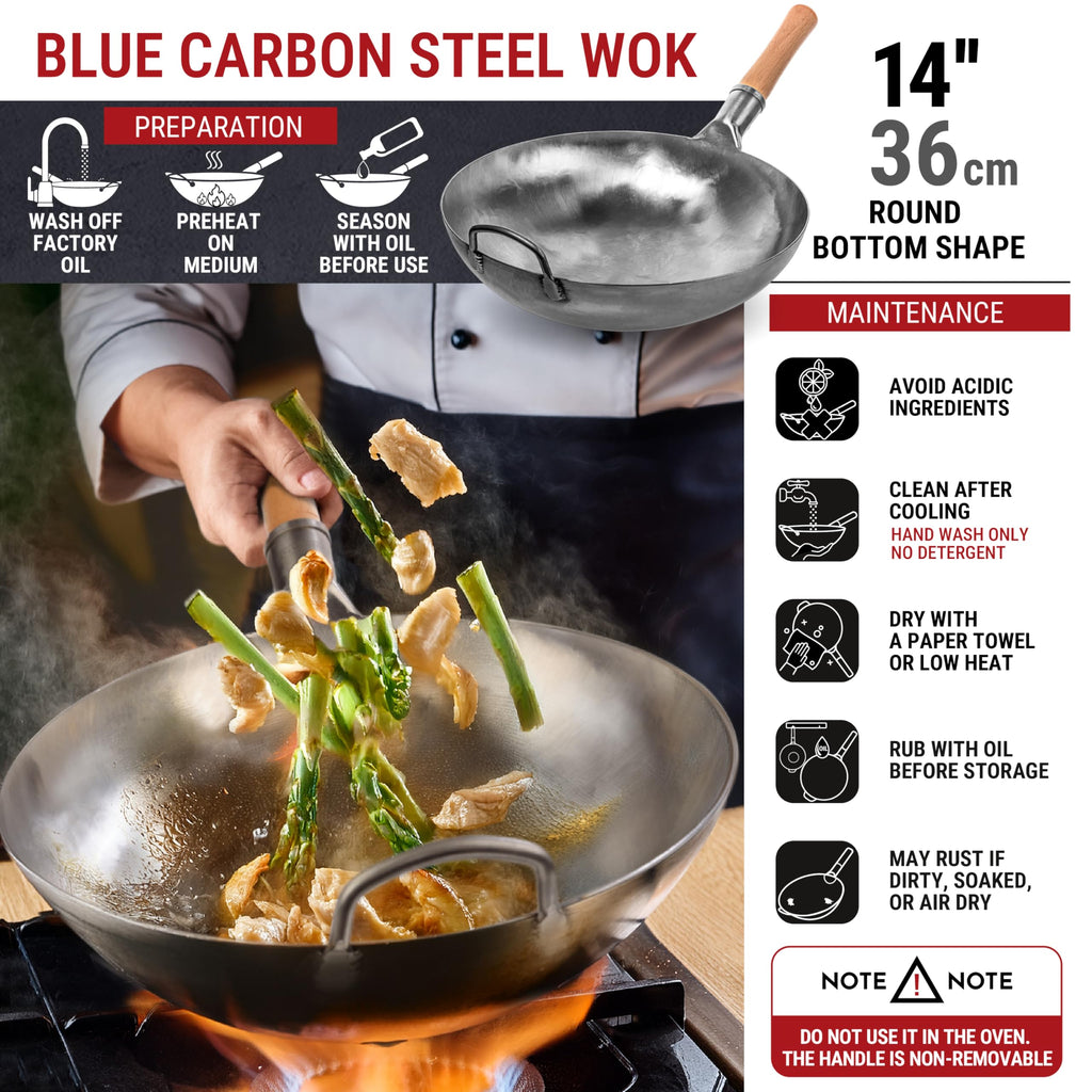 Yosukata 36cm Round Bottom Wok – Hand Hammered Carbon Steel Pow Pan