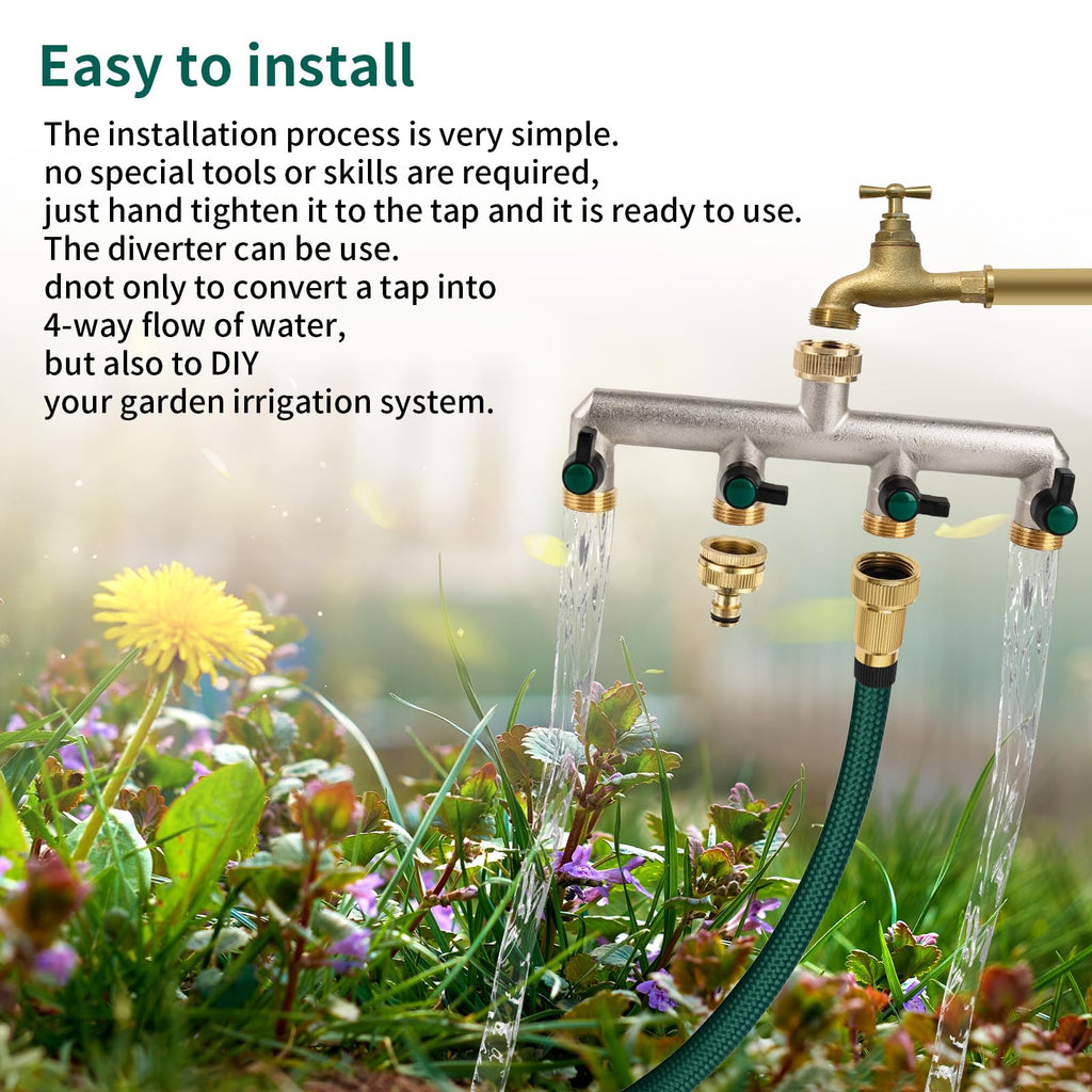 Tesmotor 4-Way Brass Garden Hose Tap Splitter | 3/4 Inch Heavy-Duty Valve
