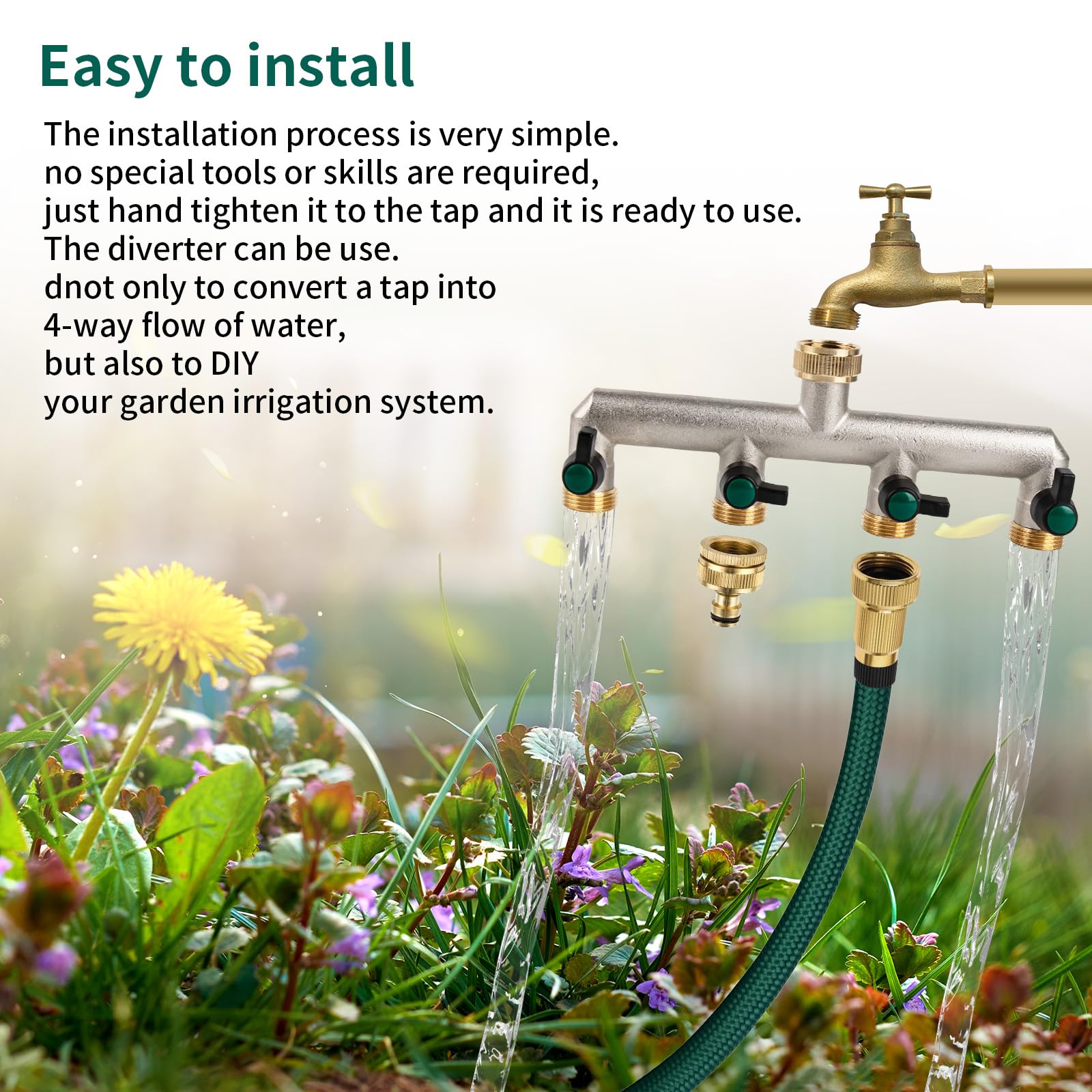 Tesmotor 4-Way Brass Garden Hose Tap Splitter | 3/4 Inch Heavy-Duty Valve