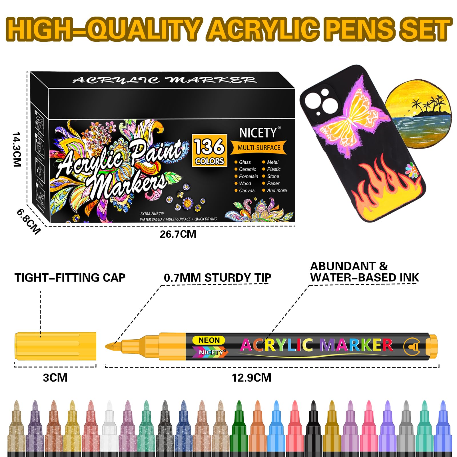 NICETY 136 Acrylic Paint Pens – 0.7mm Extra Fine Tip Markers for Rock Art