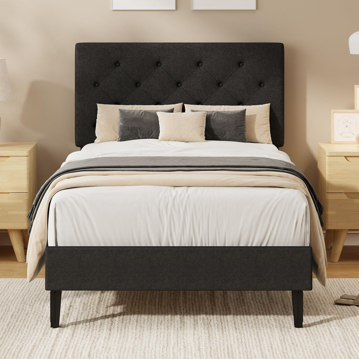 HOMBCK Single Bed Frame, 90 x 190 cm, with Adjustable Upholstered Headboard, Heavy Duty 256kg Weight Capacity, Easy Assembly, No Box Spring Needed - image 2
