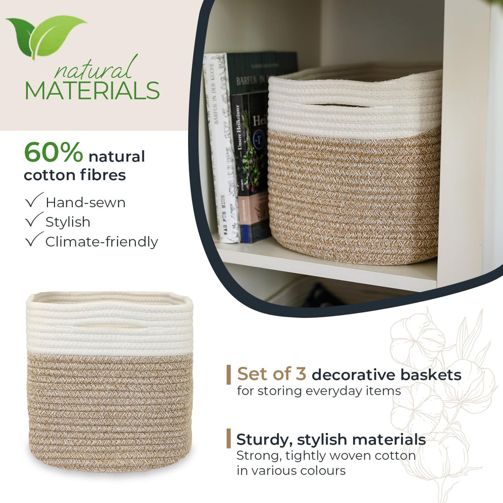 HMF Storage Basket with Hidden Handles, Set of 3, Cotton Basket, 37.5 x 25 x 22.5 cm, White/Brown - image 2