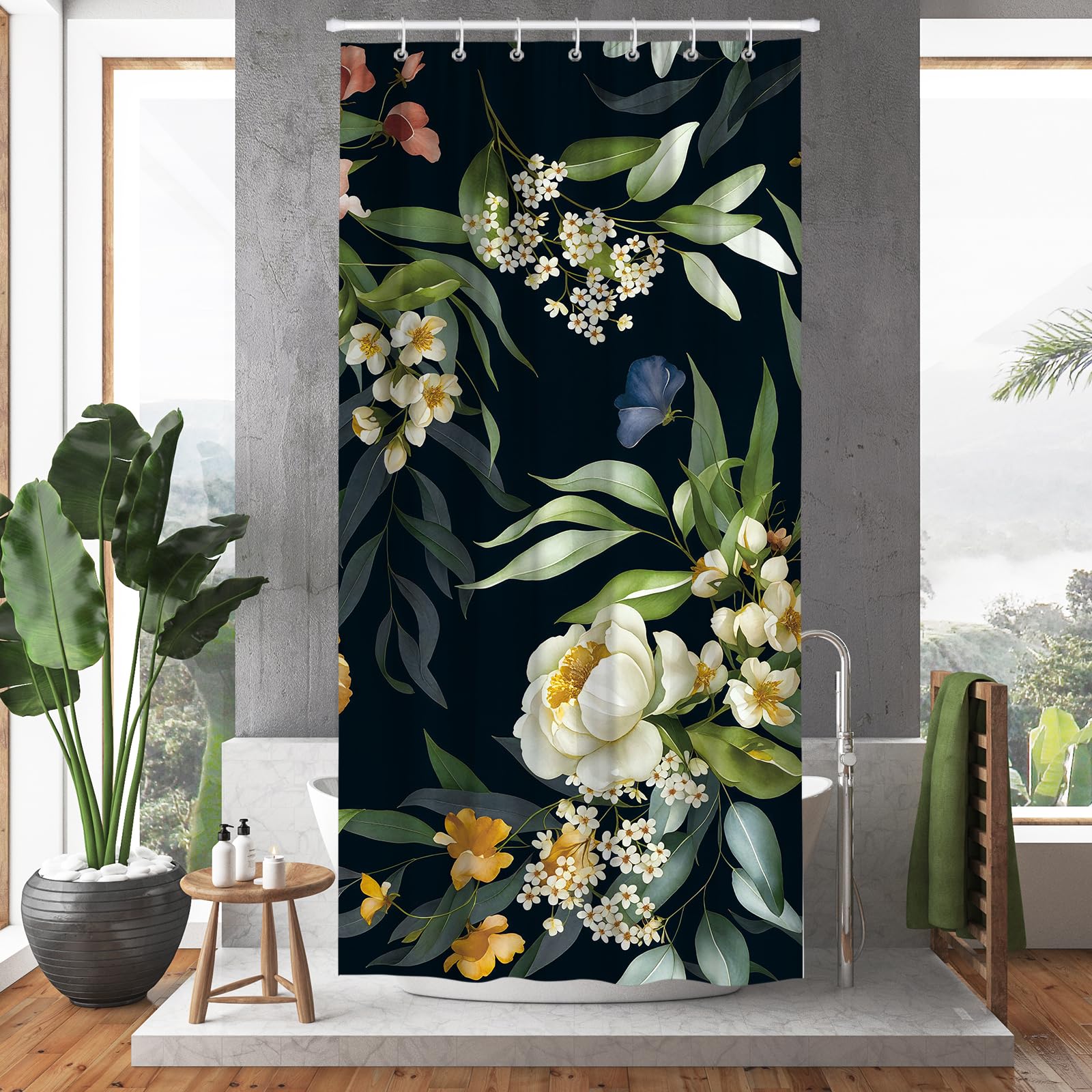 Hopomoon Black Floral Shower Curtain | Boho Waterproof Polyester – 180x90cm