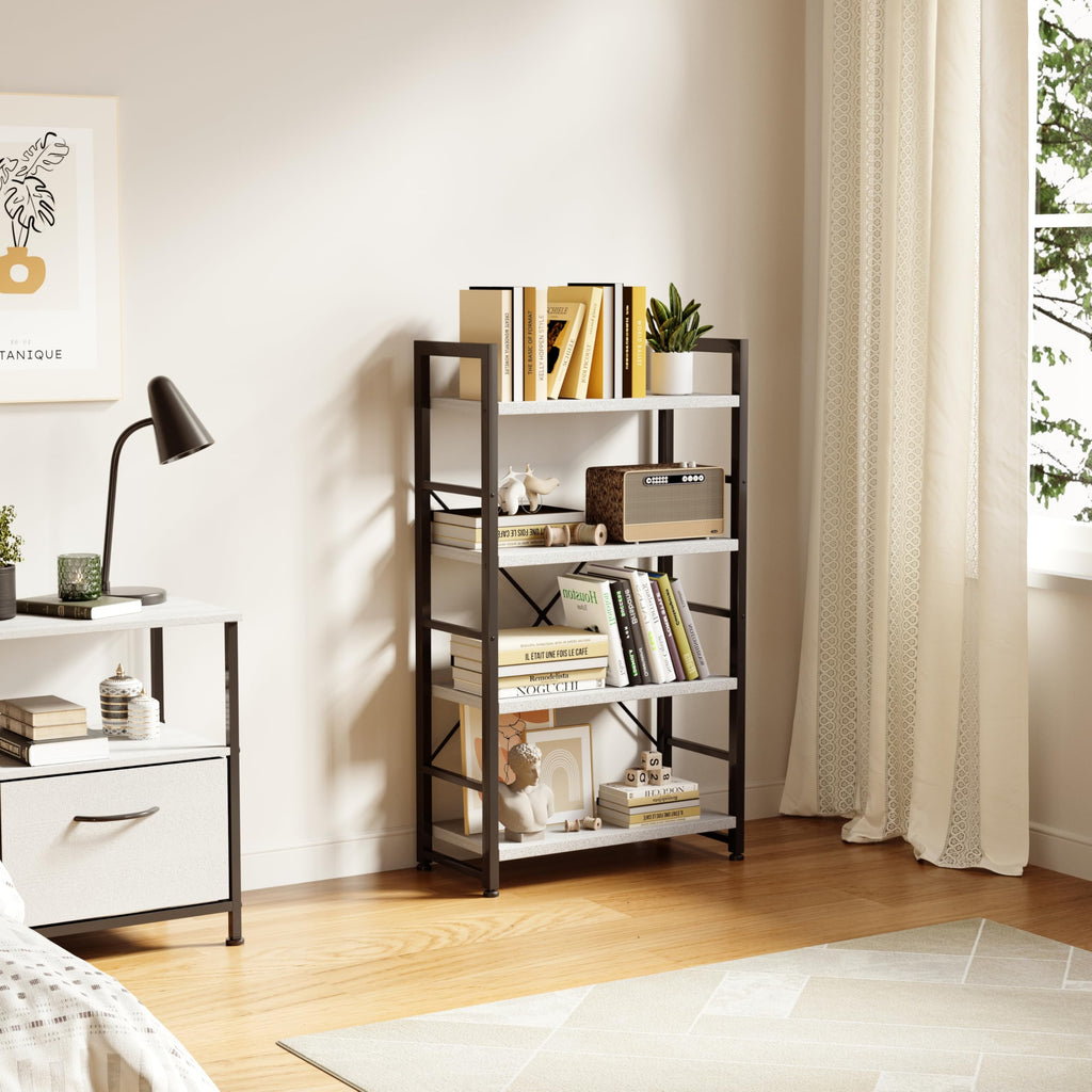 VERMESS 4-Tier Industrial Bookshelf – 24" White Wood & Metal Display Rack