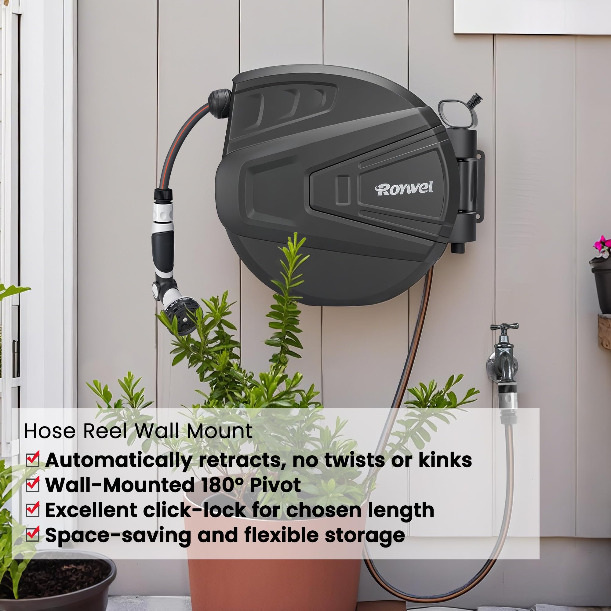 Roywel 20M Auto Reel Garden Hose – Wall Mounted Retractable Hose Reel