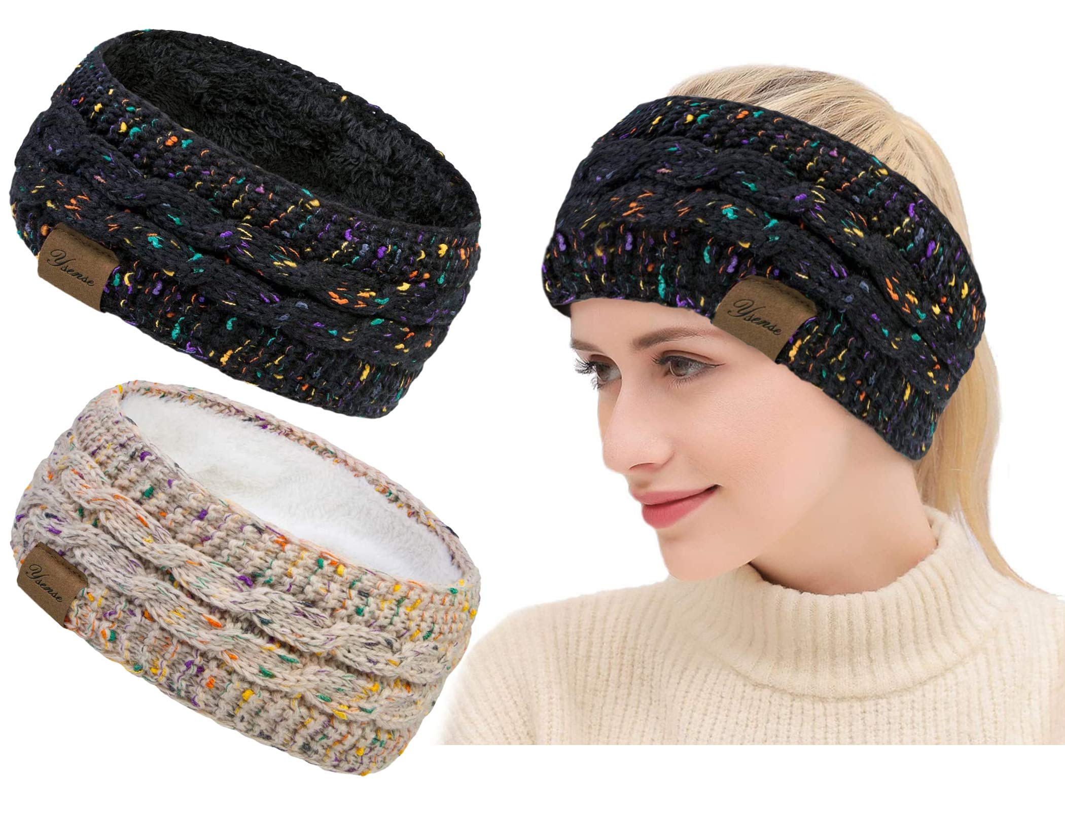 Cable Knit Ear Warmer - Fleece Lined Thermal Headband 2-Pack