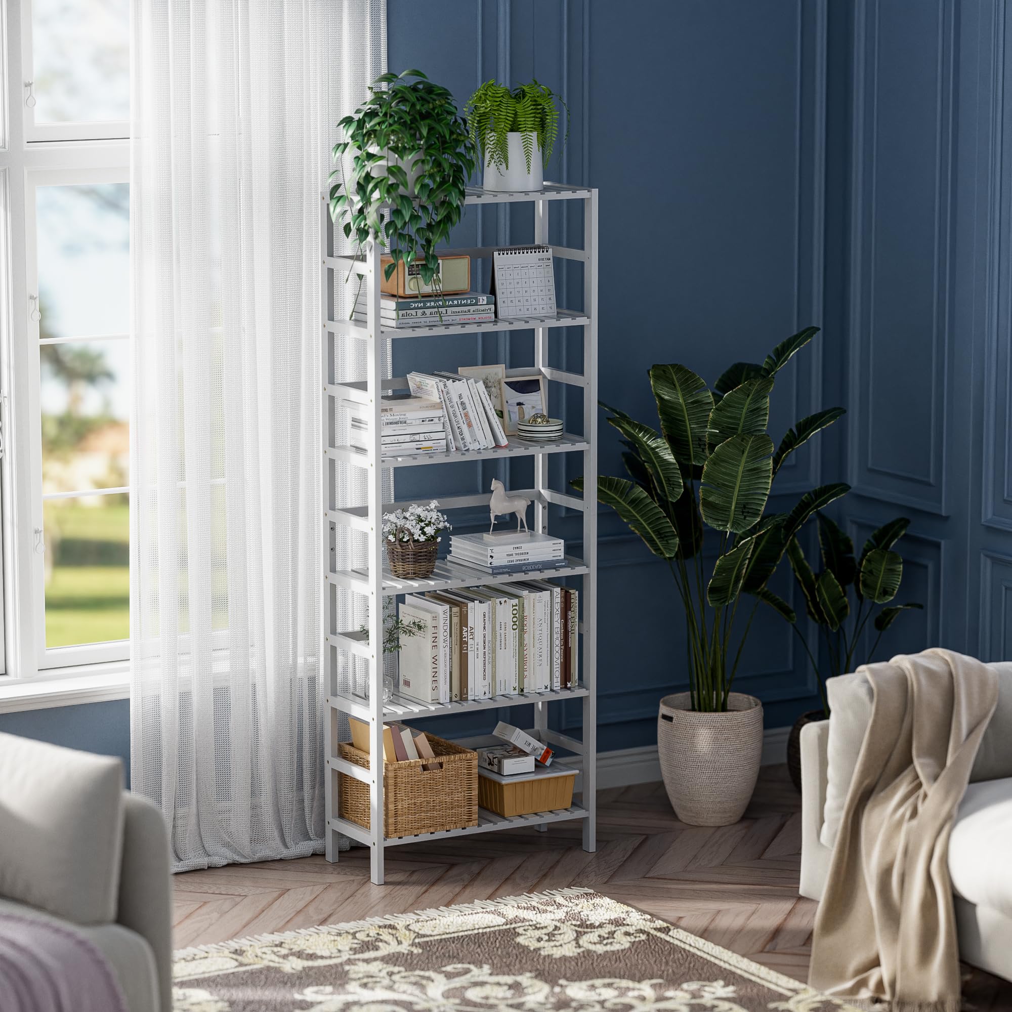 HITNET 6-Tier Bamboo Bookshelf | White Adjustable Tall Storage Display Stand