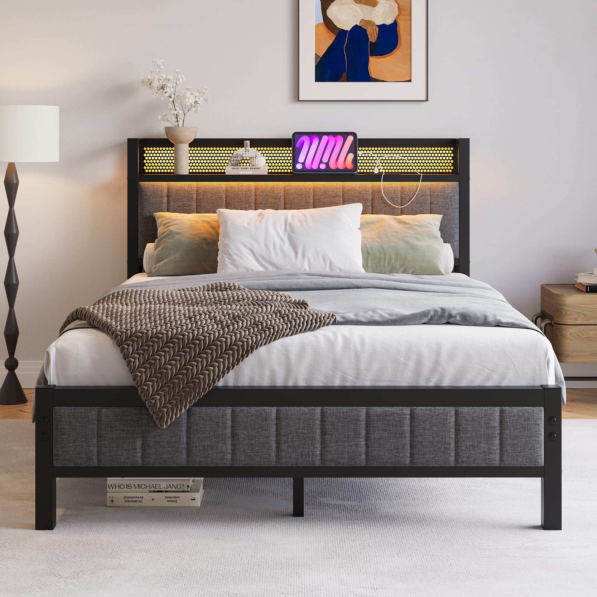 BORPHOM Double Bed Frame | Upholstered Metal Platform with LED & USB