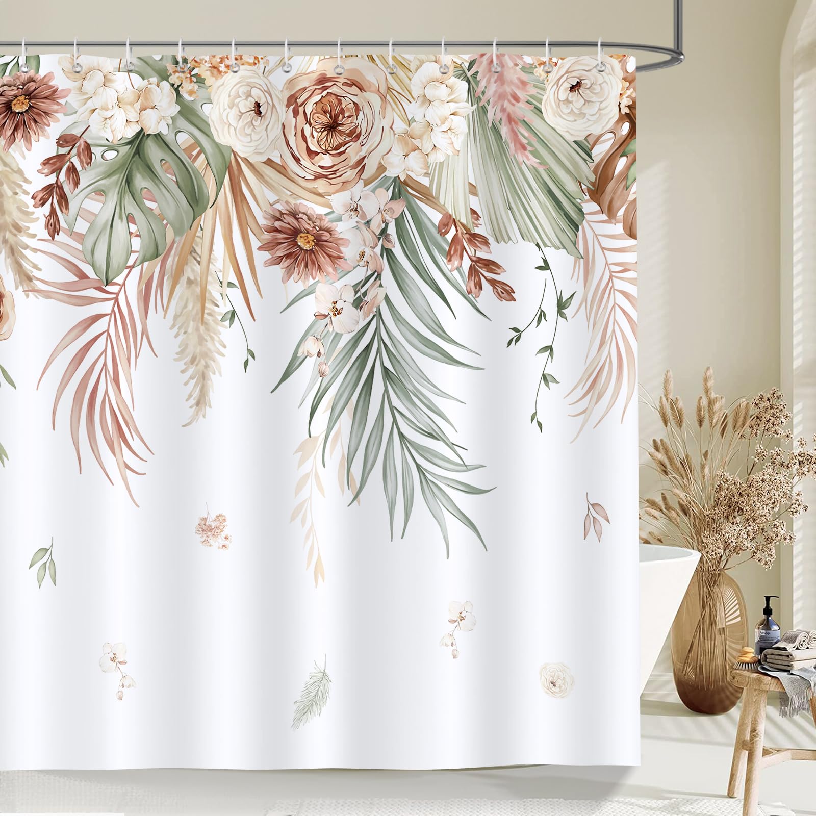 Jolof Store Boho Tan Floral Shower Curtain | Waterproof Polyester 180x180cm