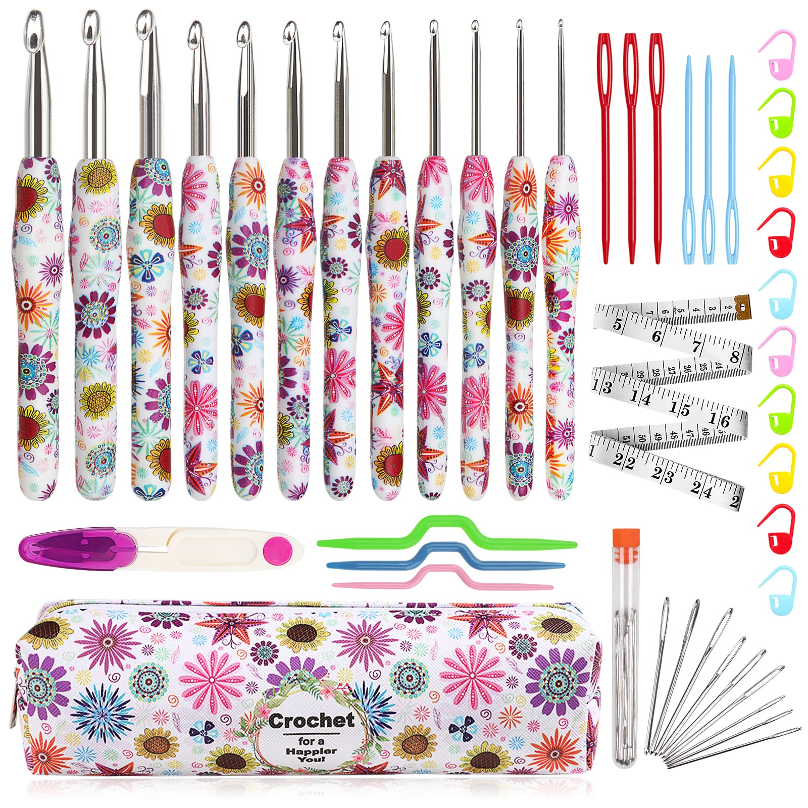Aeelike Ergonomic Crochet Hooks Set | 12pc Floral Soft Grip Kit with Case