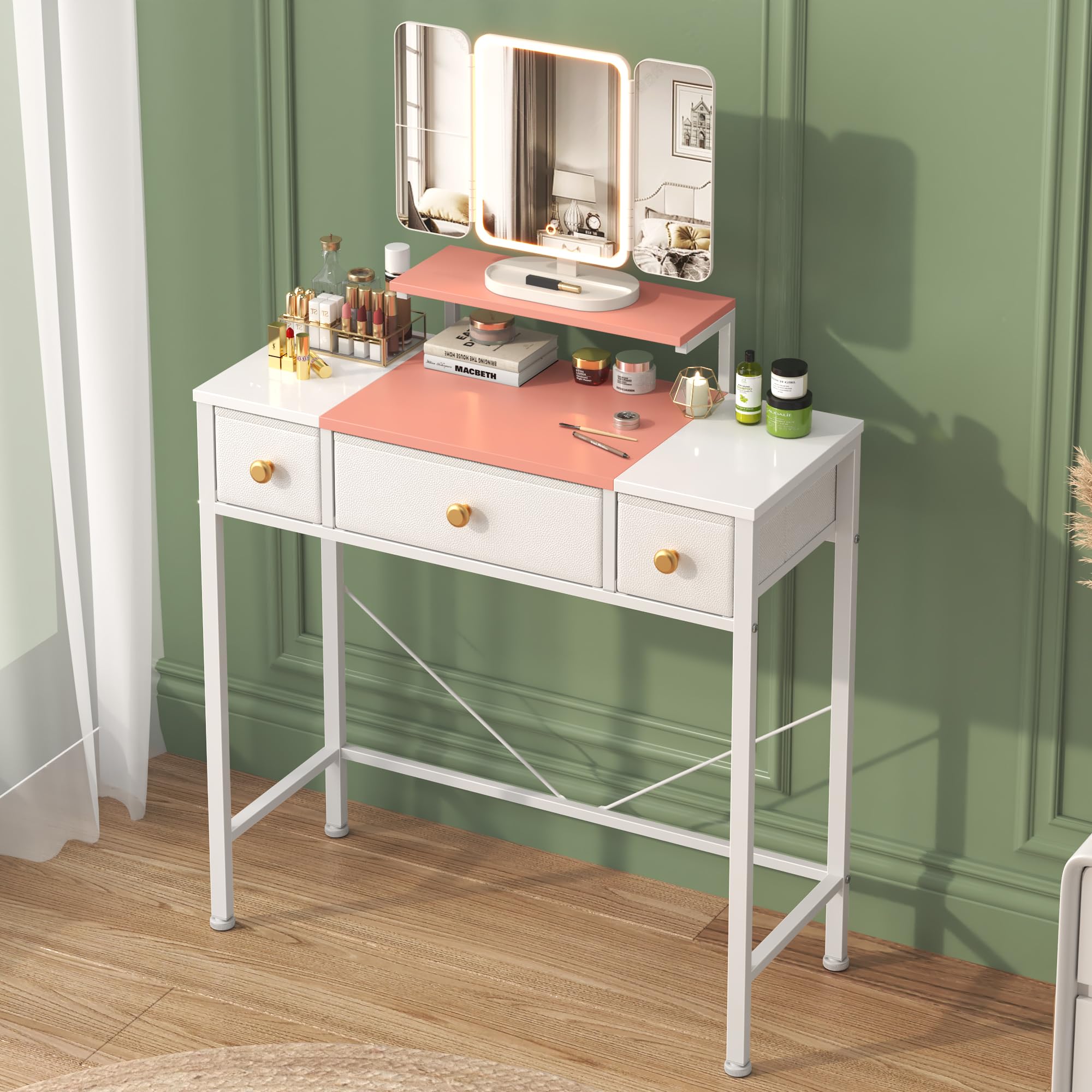 OYRREU Small Dressing Table with LED Mirror | Height Adjustable Vanity Desk