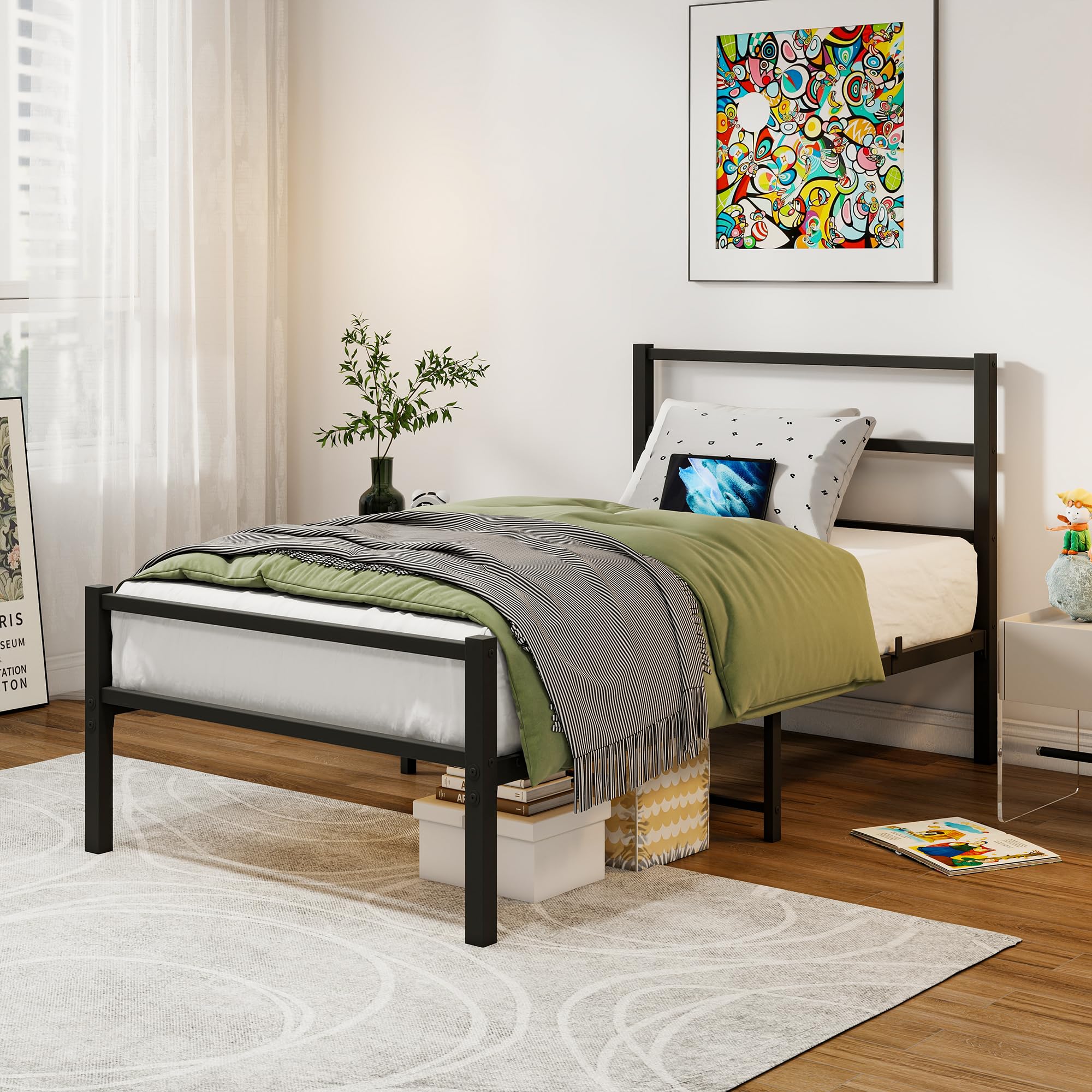 HAHRIR Single Metal Platform Bed Frame with Headboard and Storage – Black