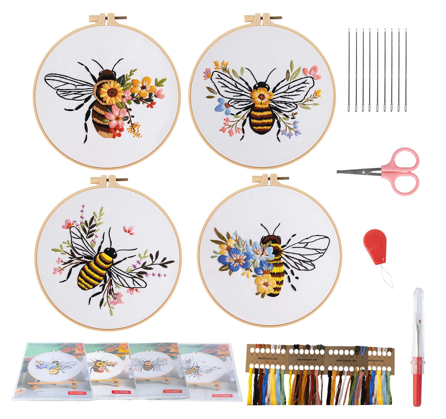 Homewit 4-Pack Bee & Flower Embroidery Kit for Adults and Beginners