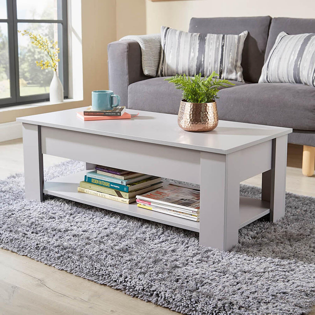 Lift Top Coffee Table with Hidden Storage & Shelf, Grey